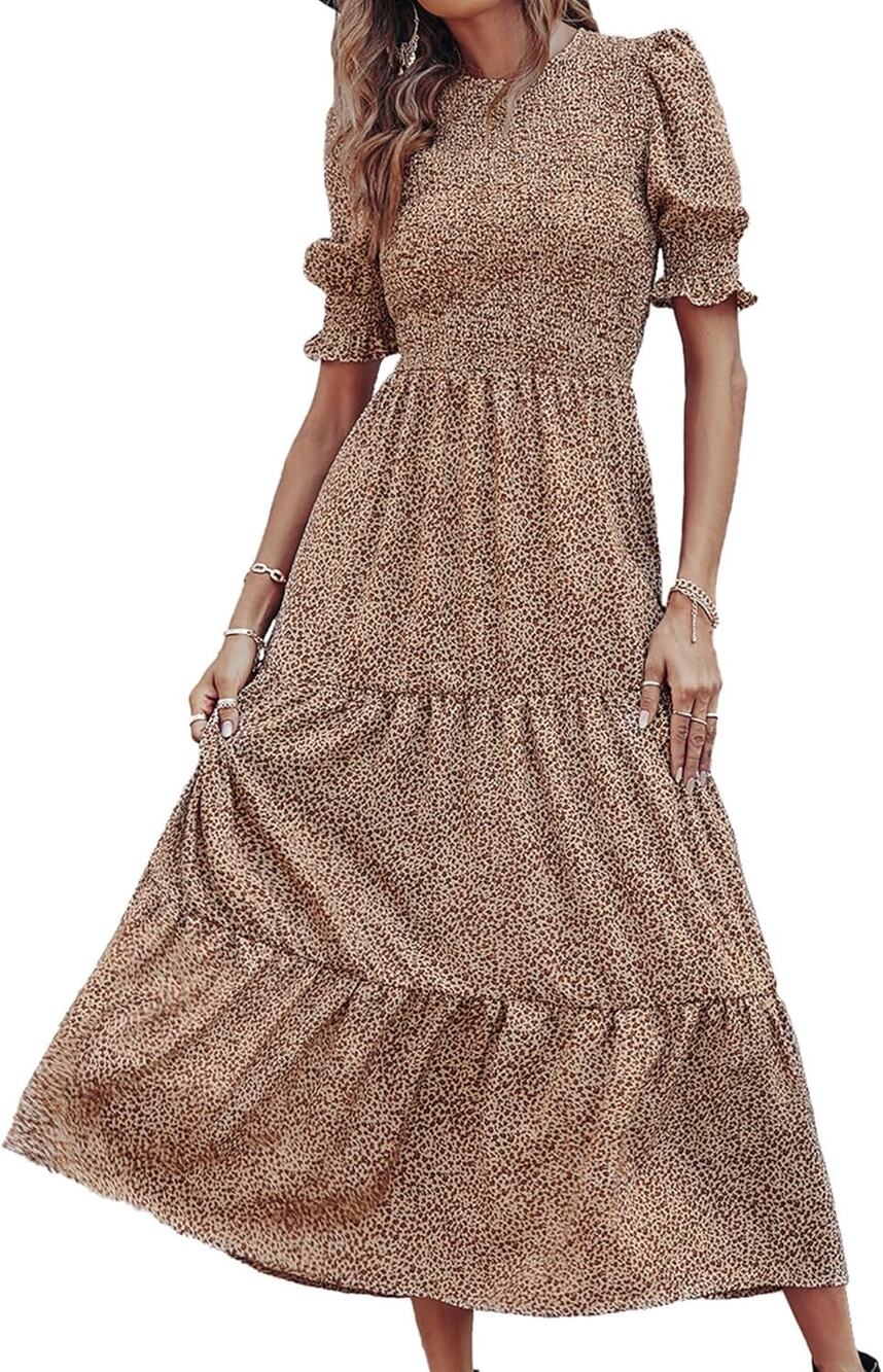 BTFBM Women’s Smocked Puff Sleeve Tiered Maxi Dress Beige Brown Animal Print Sm